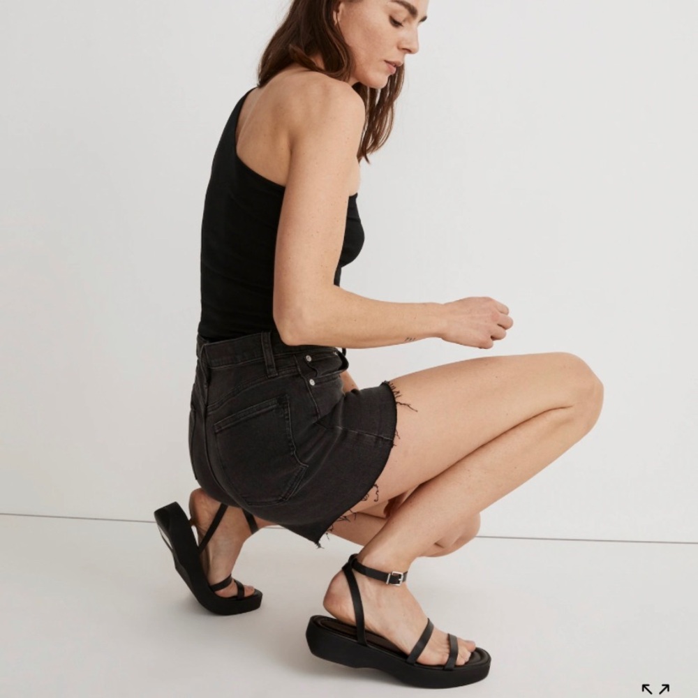 Madewell high rise black denim shorts with frayed hem